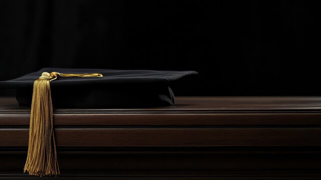 Extreme close-up of a black mortarboard (graduation cap) with golden tassel above a wooden desk, isolated on a black background with copy space, blank wide banner.