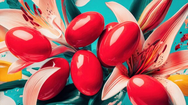 Vibrant red oval objects rest among brightly colored tropical flower petals and foliage.