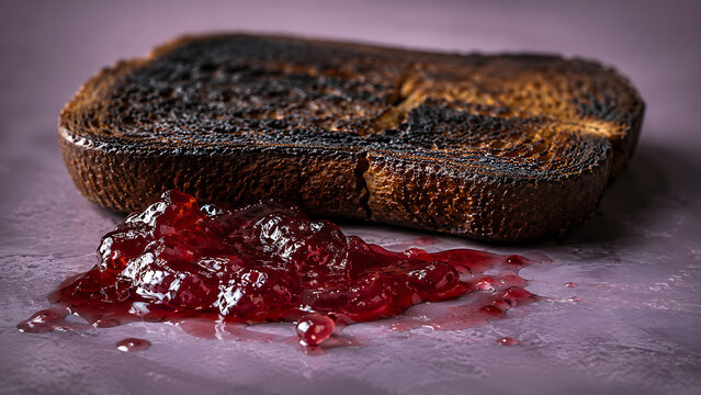 Dark burnt bread with rich red fruit sauce on purple background burnt toast still life breakfast overcooked culinary homemade nutrition condiment