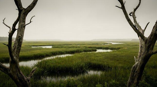 Scenic view of a winding tidal creek flowing through a lush green salt marsh framed by two weathered dead trees