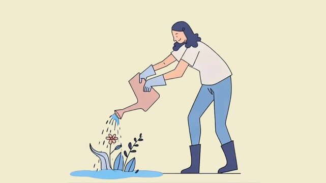 Woman Gardener Watering Young Plant and Flower, Flat Line Art Illustration, Gardening and Nature Care Concept, Flat style vector illustration showing a smiling woman wearing gloves and boots watering 