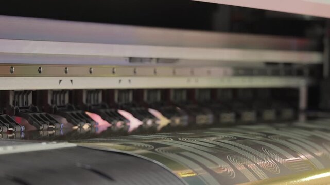 Industrial large format uv printer head moving across vinyl surface for professional printing.