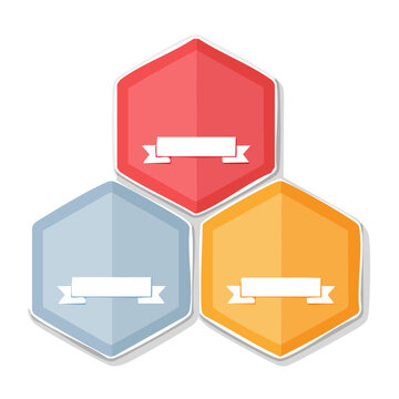 Three colorful hexagonal award badges with ribbons