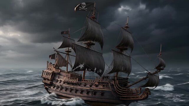 Europe medieval lifestyle. A dramatic portrayal of a pirate ship sailing in rough seas under a stormy sky. The ship, adorned with a skull and crossbones flag, is the central focus.
