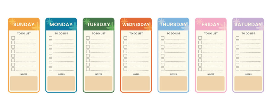 Set of colorful weekly planner cards for daily task organization and scheduling on a white background