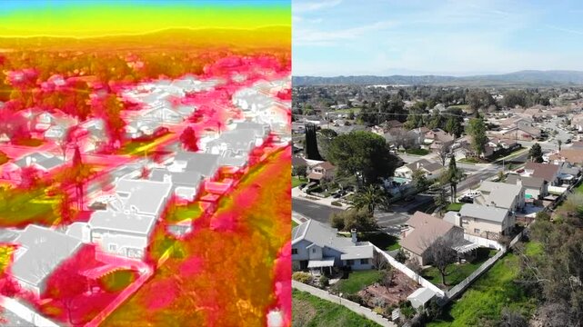 An Infra Red Drone taking images for Training on identifying subjects or terrain using the latent heat images looking at utility yard buildings to understand latent radiated heat from vehicles