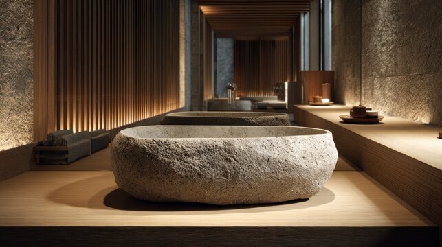 Rough hewn stone basin sits prominently on a polished wooden counter within a dimly lit, contemporary spa environment