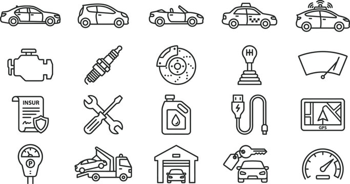 A collection of black line vector icons depicting various automotive vehicles and essential car maintenance tools