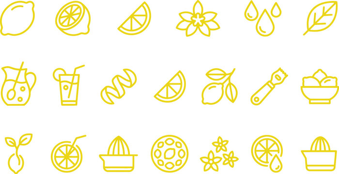 Bright yellow vector illustration featuring a set of minimalist lemon themed icons for graphic design
