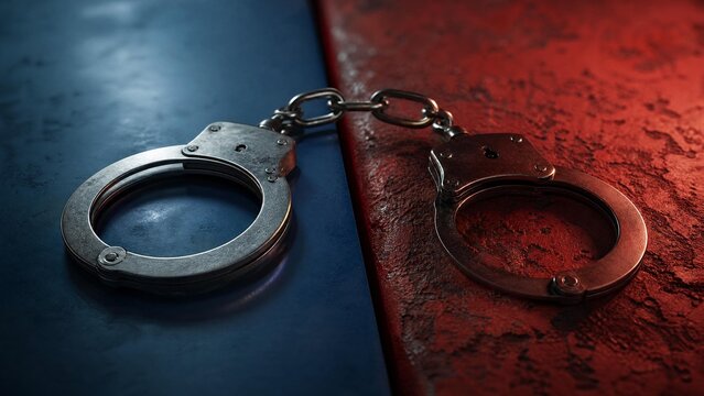 restraint. A pair of handcuffs on contrasting blue and red surfaces, symbolic separation. wellbeing guides, coaching materials, designed for coaching and self-improvement content.