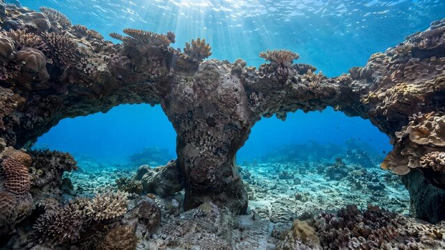 keystone. A coral reef arch with a central keystone rock under clear blue water. travel magazines, destination branding, designed for outdoor magazines and nature guides.