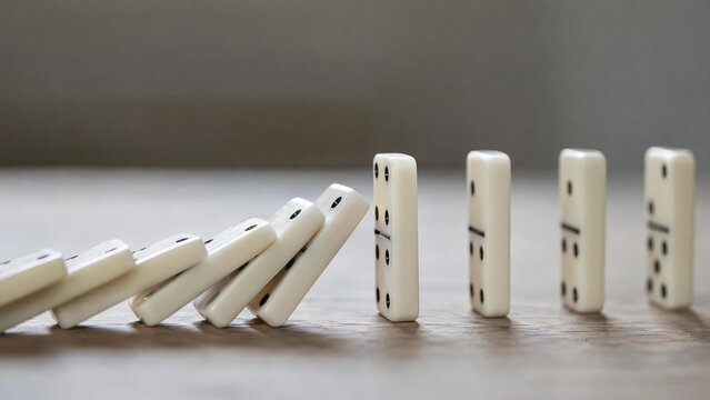 interrupted. A chain of falling dominoes interrupted, focusing on the break point. wellbeing guides, coaching materials, designed for coaching and self-improvement content, used by account managers.