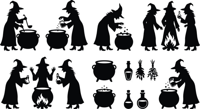 Witches performing magic with cauldrons and potions