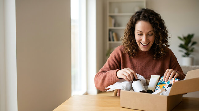 Happy woman opening a skincare subscription box at home