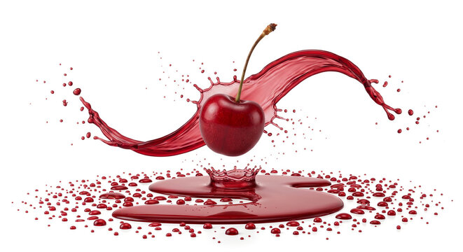 Distant shot of a cherry with a simple S-shaped red juice splash behind it