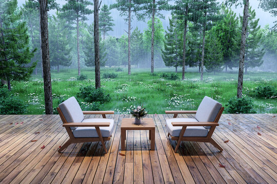 Cozy wooden deck with two armchairs and a small table on a rainy day, 3d render