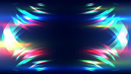 Obraz premium Futuristic abstract background featuring vibrant neon light trails and symmetrical curves on dark blue backdrop with central copy space, modern digital tech design