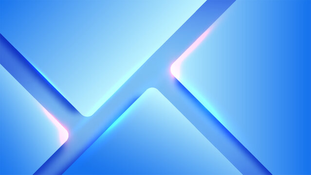 Blue abstract geometric background with neon glowing edges and overlapping futuristic layers creating 3d depth, modern tech digital design