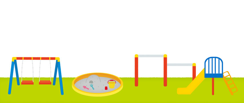 Colorful Cartoon Playground Illustration with Swings, Sandbox, Slide and Monkey Bars on Green Grass - Vector Flat Design