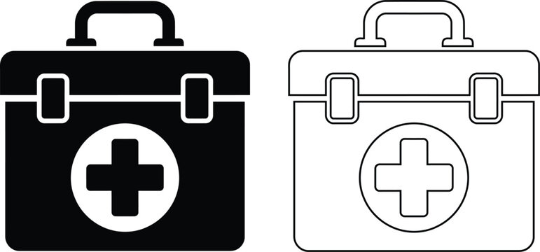 First aid medical kit icon set in black silhouette and outline vector style, featuring emergency healthcare bag with cross symbol for clinic, hospital, rescue, and safety design.