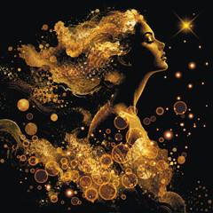 3d Stunning profile portrait of a woman with flowing hair made of golden splashes and bokeh lights. Elegant luxury vector art illustration on black background. © Elmar