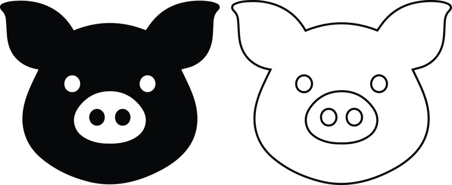 Pig face icon set shows a cute farm animal head in black silhouette and outline vector for livestock, agriculture, food packaging and butcher shop design