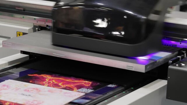 Industrial uv flatbed printer head moving over media with purple curing light in action.