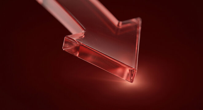 3D translucent red downward arrow on dark background, symbolizing economic decline, business failure, and market crash.