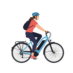 Naklejka premium Vector illustration of a woman riding a light blue electric bicycle for commuting, wearing a safety helmet and backpack, side profile view isolated on a white background.