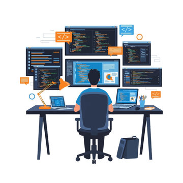 Vector illustration of a software developer sitting at a desk with multiple computer monitors and laptops, writing code and programming applications on a white background.