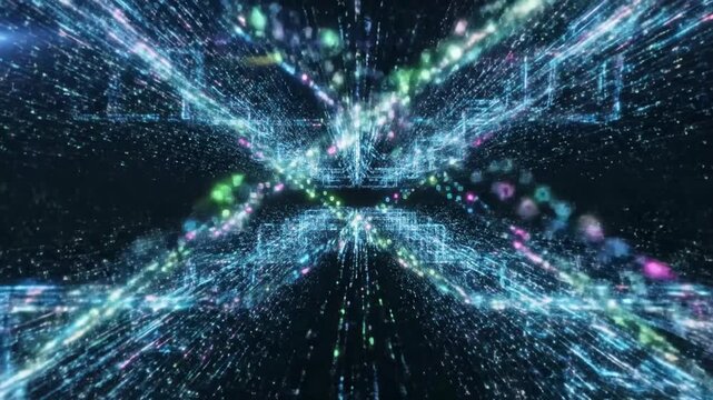 Abstract digital tunnel with glowing blue light particles and lines