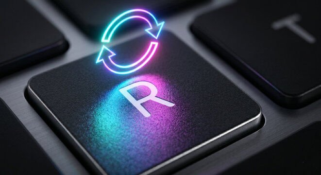 Macro close-up of computer keyboard with glowing neon refresh cycle arrows above the R key, representing update and reload.