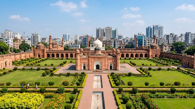 Lalbagh fort, a 17thcentury mughal fort complex in dhaka, bangladesh, with a modern city skyline in the background