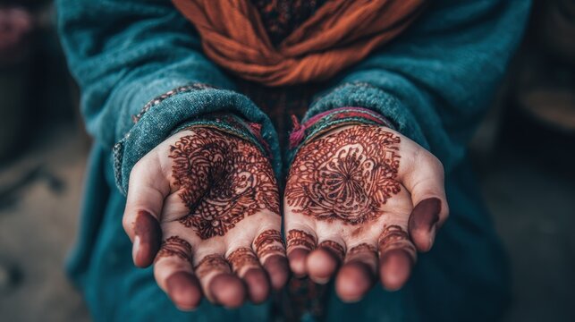 Ornate temporary dye patterns adorn both palms held forward in a close up view