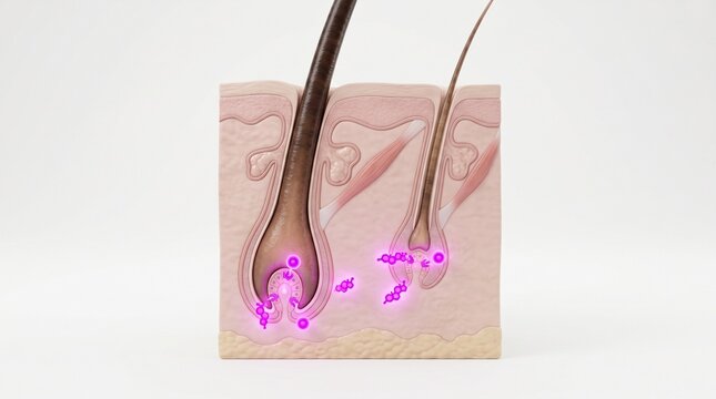3D Microscopic Diagram of DHT Molecules Miniaturizing a Hair Follicle