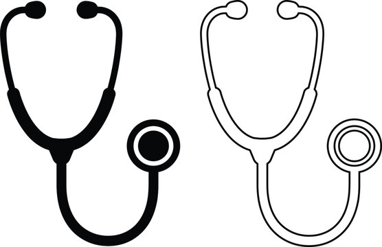 Vector icon set of a medical stethoscope featuring solid black silhouette and outline styles representing healthcare, hospital doctor equipment, and cardiology diagnosis isolated on white.