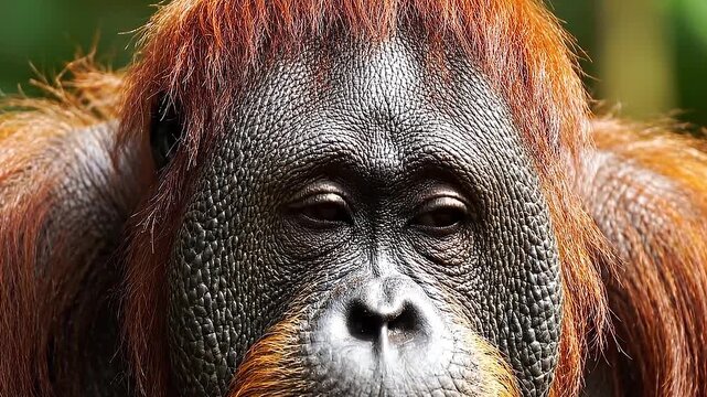 Close up face of an endangered Bornean orangutan Pongo pygmaeus looking around thoughtfully with expressive eyes in the tropical rainforest representing wildlife conservation and ecosystem