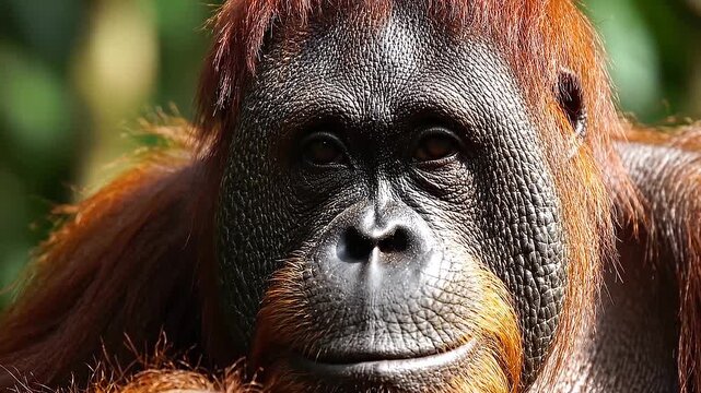 Close up face of an endangered Bornean orangutan Pongo pygmaeus looking around thoughtfully with expressive eyes in the tropical rainforest representing wildlife conservation and ecosystem
