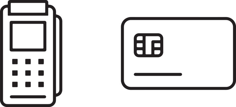 Mobile Banking Terminal and Credit Card Microchip Vector Line Icons