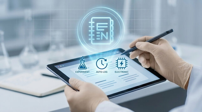 Scientist using a digital tablet for an electronic lab notebook system to manage experiments and automated data logging in a laboratory environment.