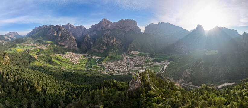 Panoramic scenery of Zhagana in Gannan Gansu, Tibetan village between green mountain valleys