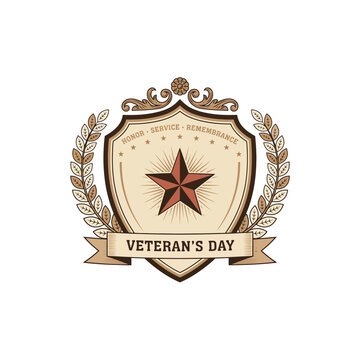 Veteran s Day Emblem With Star And Laurel Wreath Vector Illustration
