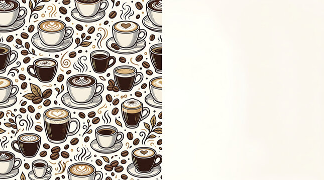 Coffee cups and beans pattern background with copy space