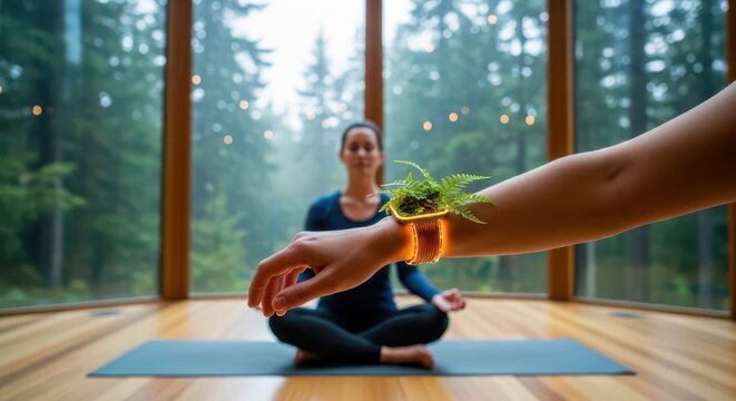 Woman meditating in nature studio.