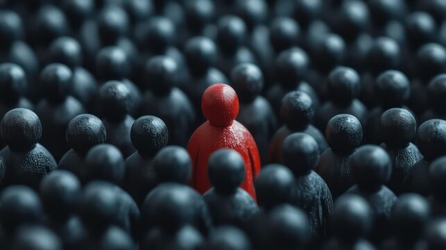 Close-up of one single red human shape (wooden figurine) among a large group of black ones. Standing out from the crowd, thinking outside the box, leadership and individuality concept.