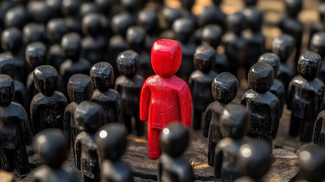 Close-up of one single red human shape (wooden figurine) among a large group of black ones. Standing out from the crowd, thinking outside the box, leadership and individuality concept.