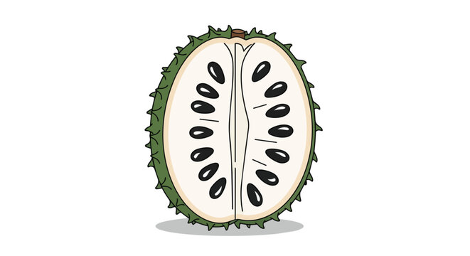 Soursop Fruit Cross Section Vector Illustration with Green Spiky Skin White Pulp and Black Seeds Exotic Tropical Fruit