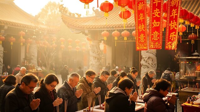 Asian people praying with incense in traditional Chinese temple during Lunar New Year. Faithful crowds celebrating spring festival. Cultural heritage, religious ritual and spirituality.