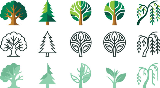 Tree icon collection featuring oak pine willow abstract eco trees and botanical nature symbols in flat vector style