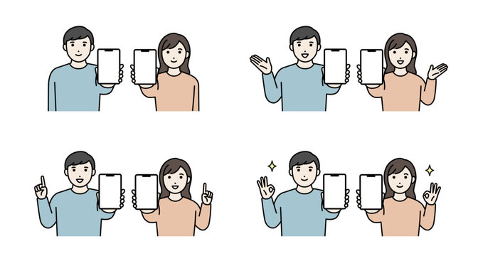 スマートフォンを見せている男性と女性 ポーズ セット